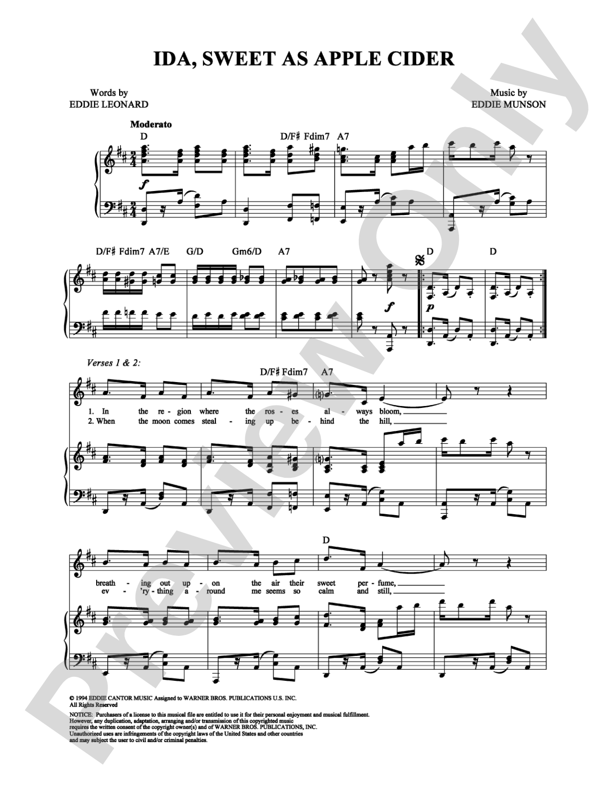 Ida, Sweet As Apple Cider: Piano/Vocal/Chords Digital Sheet Music