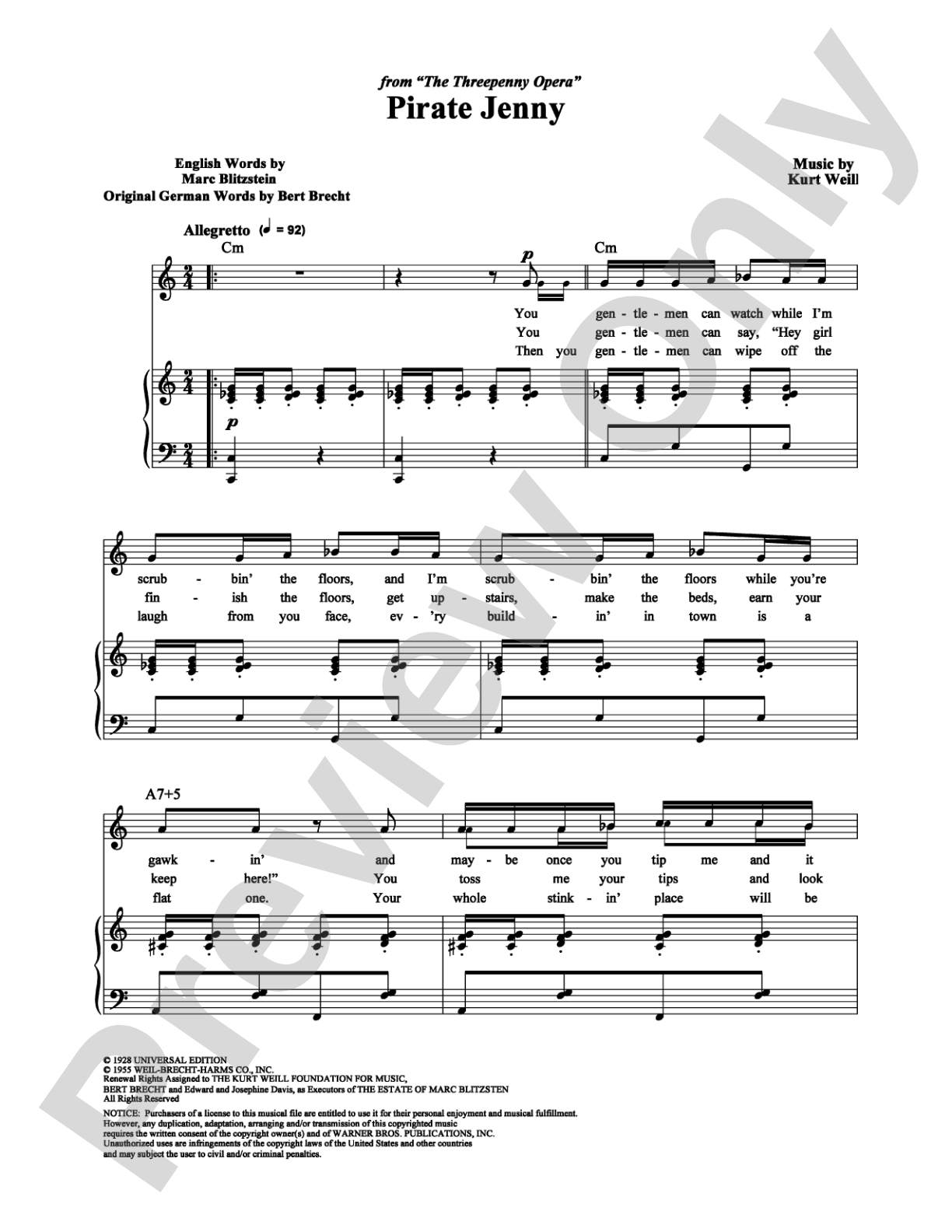 Pirate Jenny: Piano/Vocal/Chords Digital Sheet Music