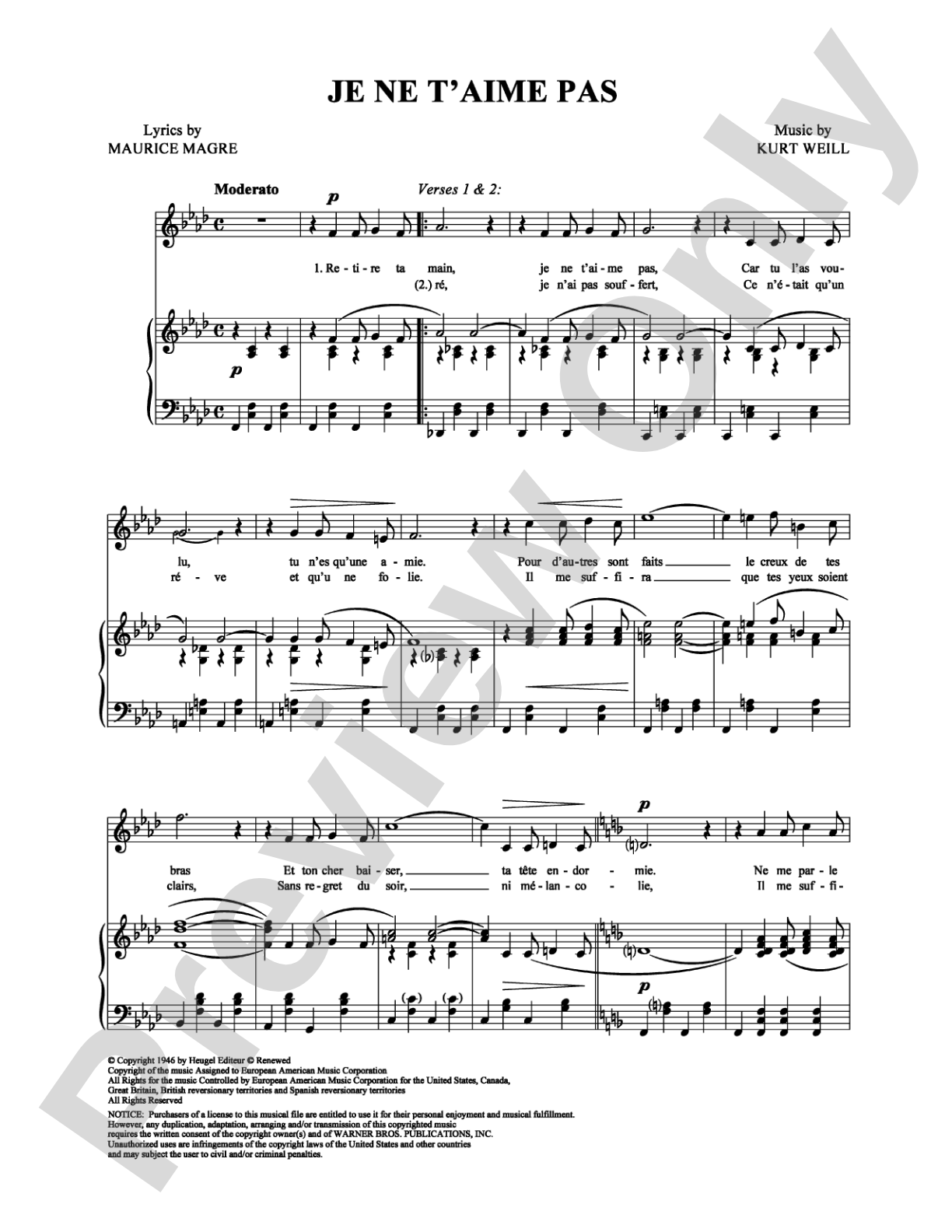 Je ne t'aime pas: Piano/Vocal/Chords Digital Sheet Music