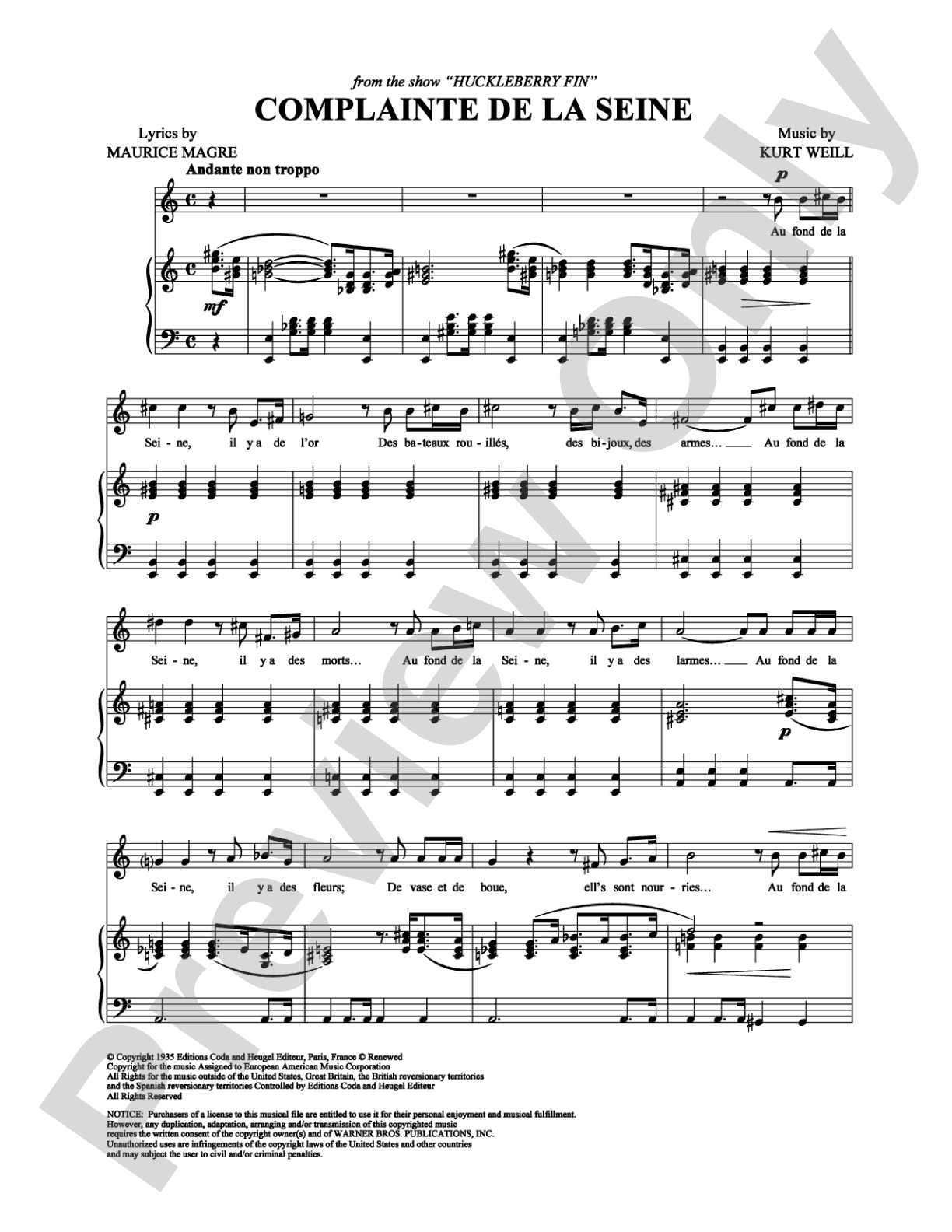Complainte de la Seine: Piano/Vocal/Chords Digital Sheet Music