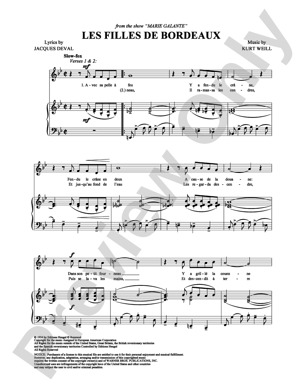 Les Filles de Bordeaux: Piano/Vocal/Chords Digital Sheet Music