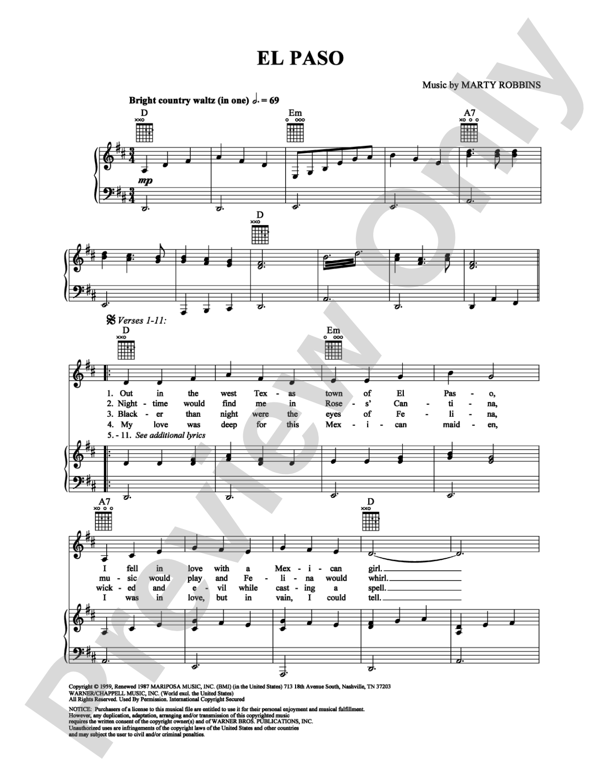 El Paso: Piano/Vocal/Chords Digital Sheet Music