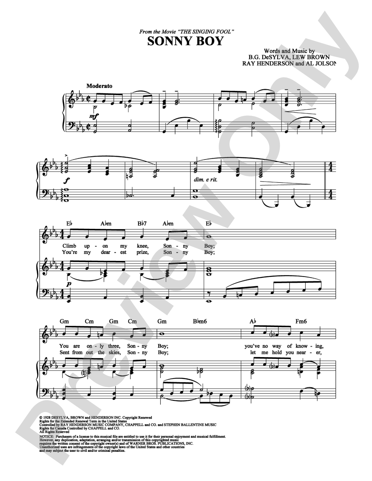 Sonny Boy: Piano/Vocal/Chords Digital Sheet Music