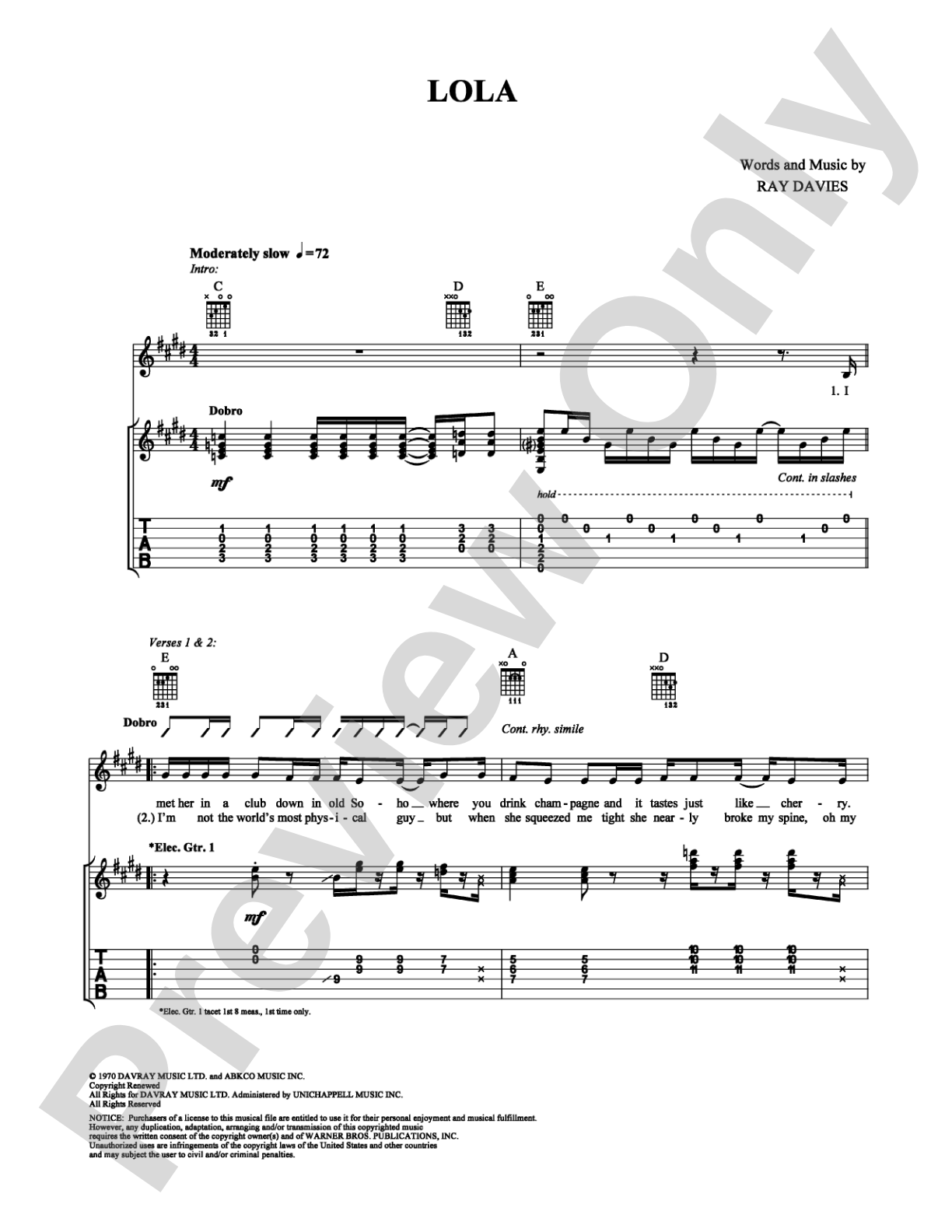 Lola: Guitar TAB Digital Sheet Music