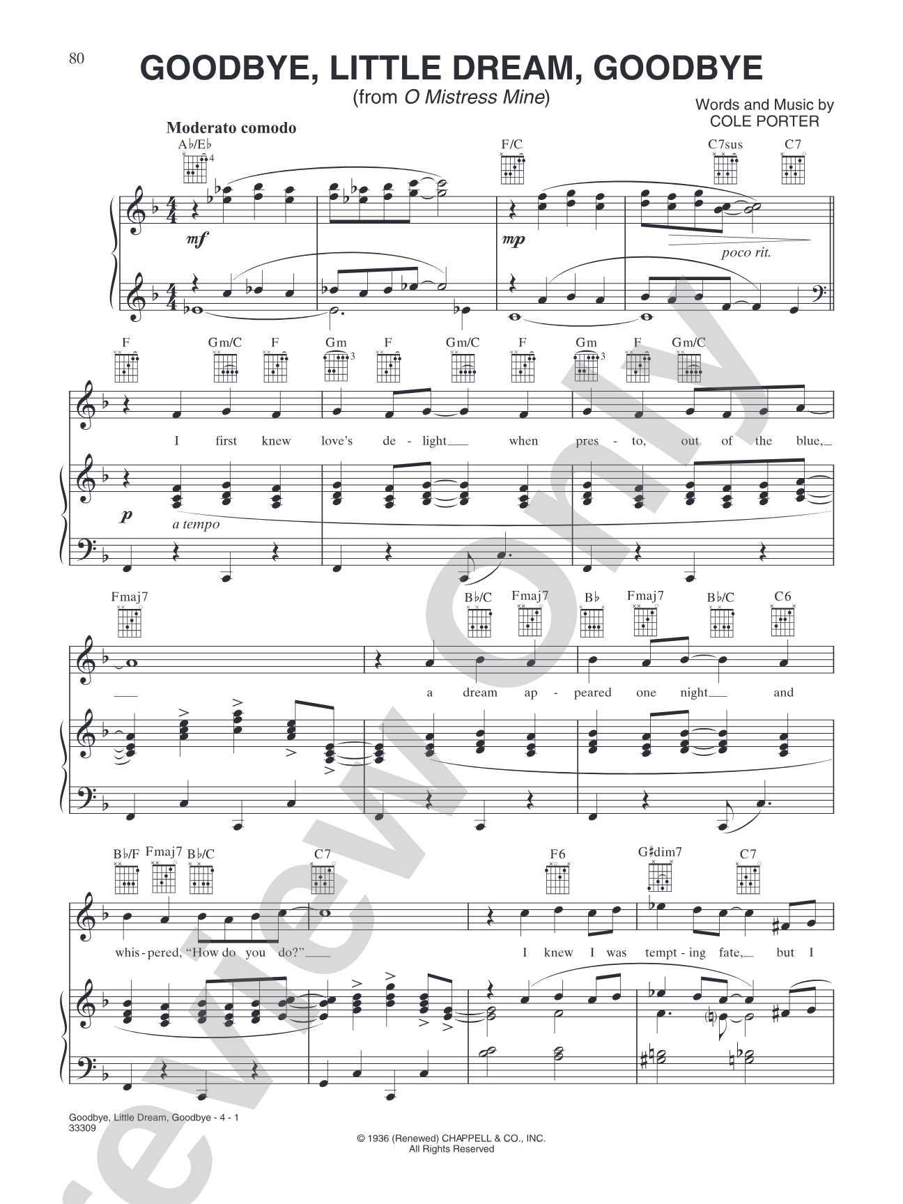 Goodbye, Little Dream, Goodbye (from "O Mistress Mine"): Piano/Vocal/Chords