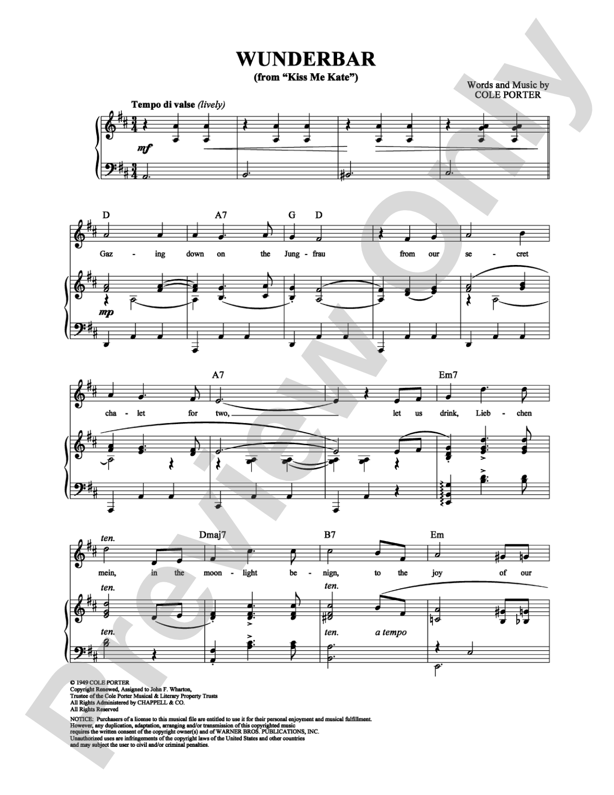 Wunderbar: Piano/Vocal/Chords Digital Sheet Music