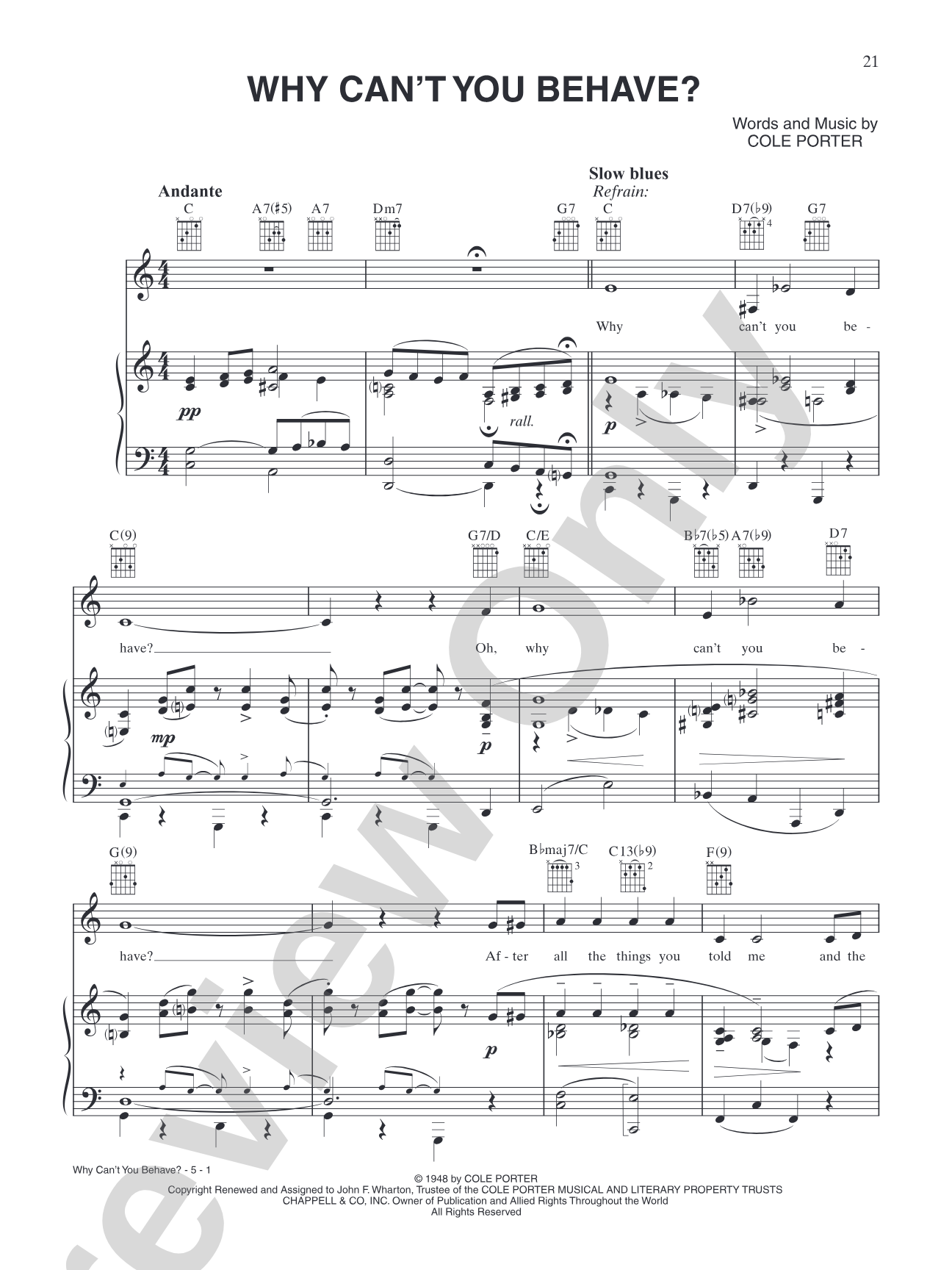 Why Can't You Behave?: Piano/Vocal/Chords