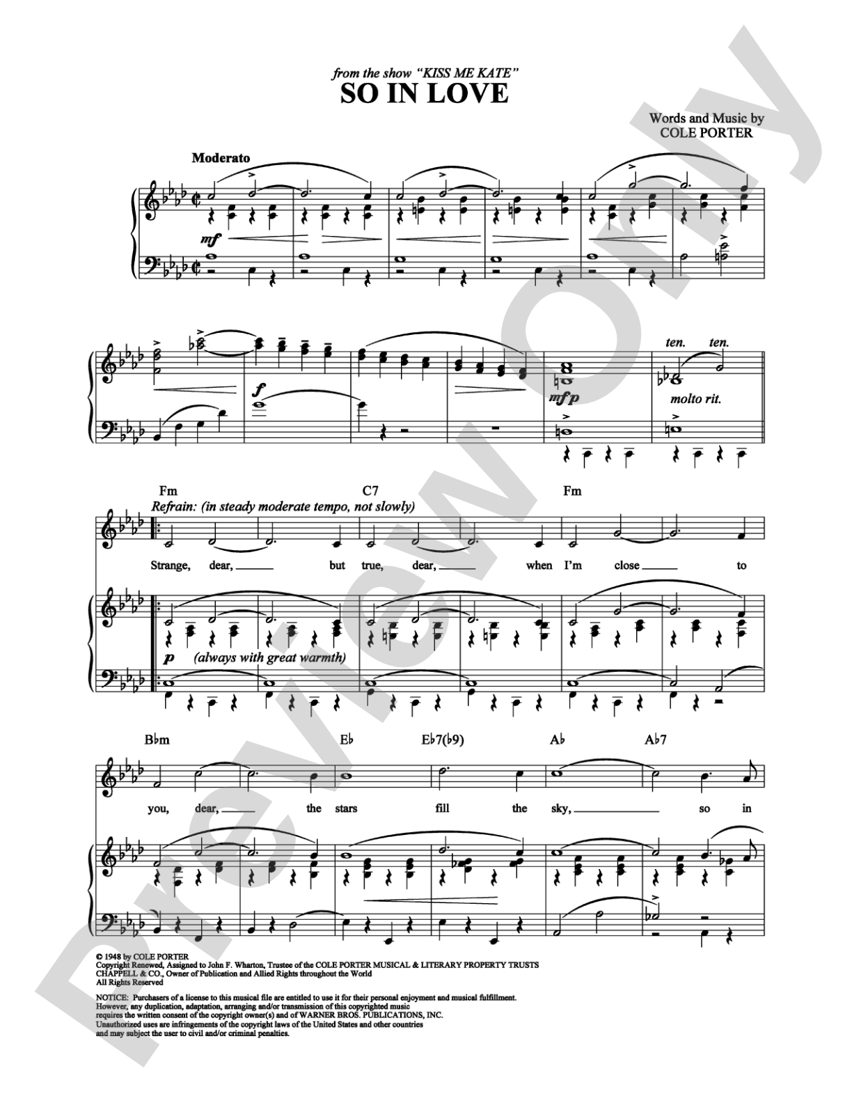 So in Love: Piano/Vocal/Chords Digital Sheet Music
