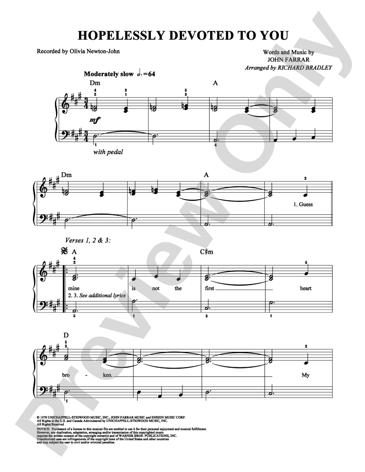 Hopelessly Devoted to You: Easy Piano Digital Sheet Music