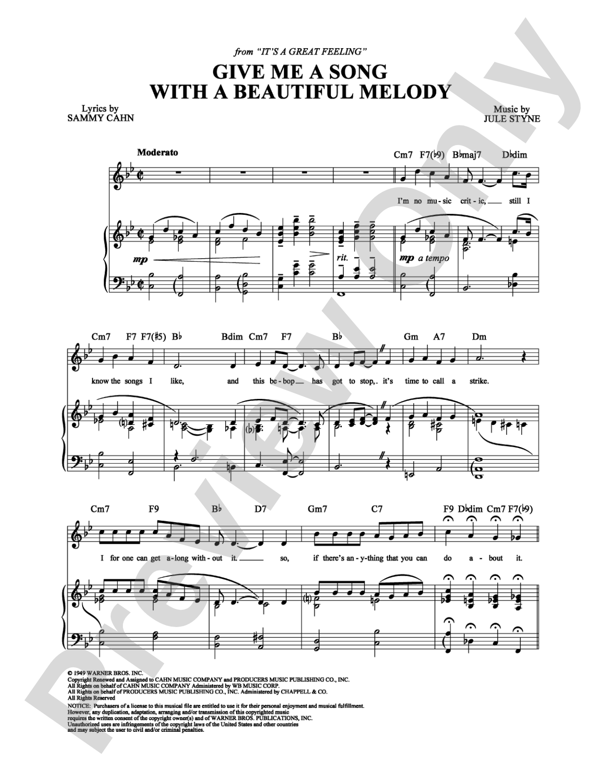 Give Me A Song With A Beautiful Melody: Piano/Vocal/Chords Digital Sheet Music