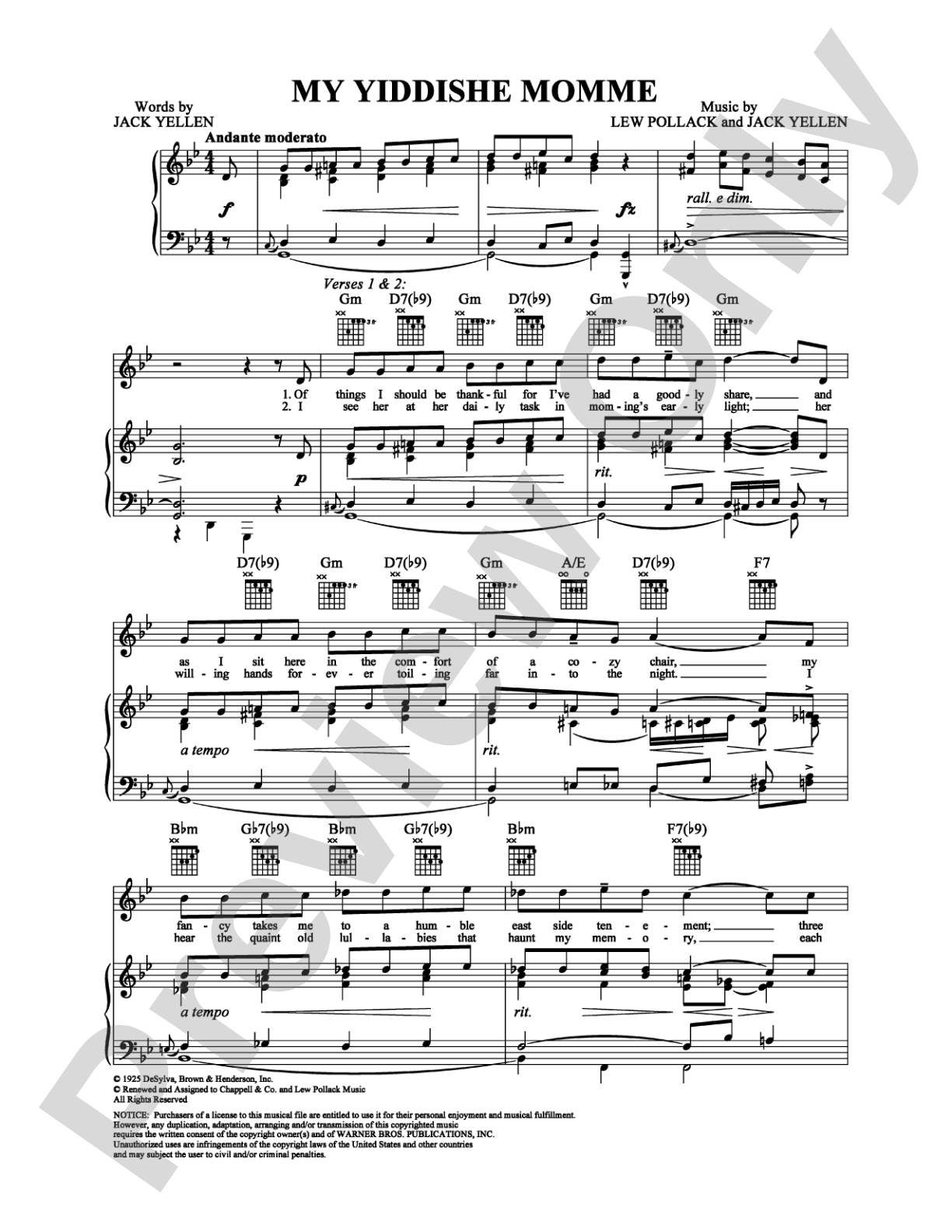 My Yiddishe Momme: Piano/Vocal/Chords Digital Sheet Music