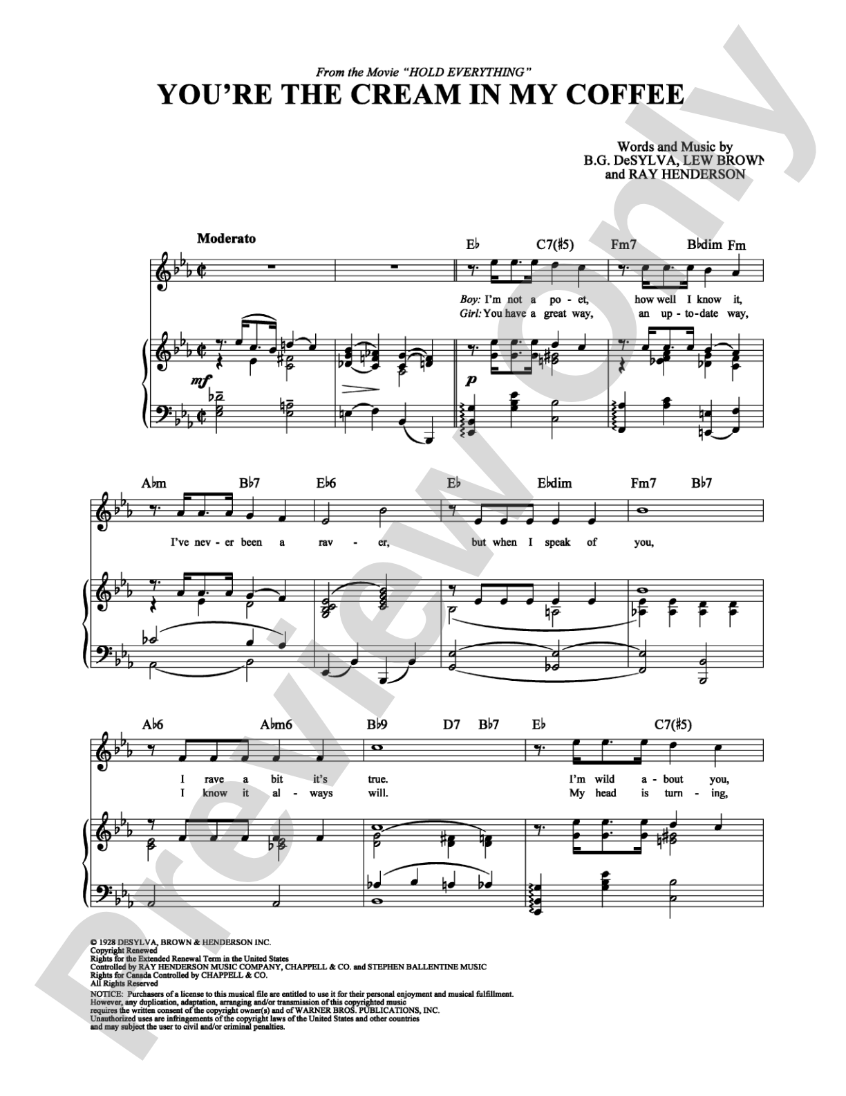 You're the Cream in My Coffee: Piano/Vocal/Chords Digital Sheet Music