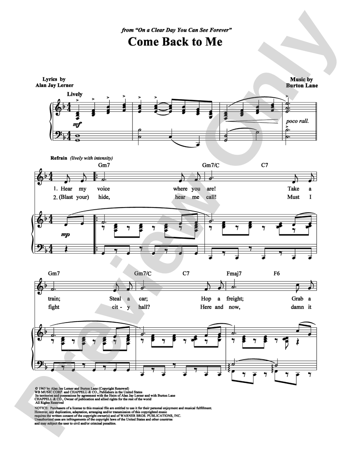 Come Back To Me: Piano/Vocal/Chords Digital Sheet Music
