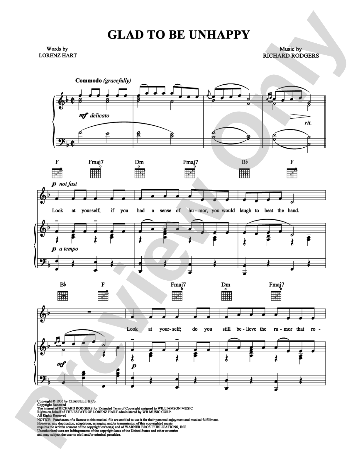 Glad to Be Unhappy: Piano/Vocal/Chords Digital Sheet Music