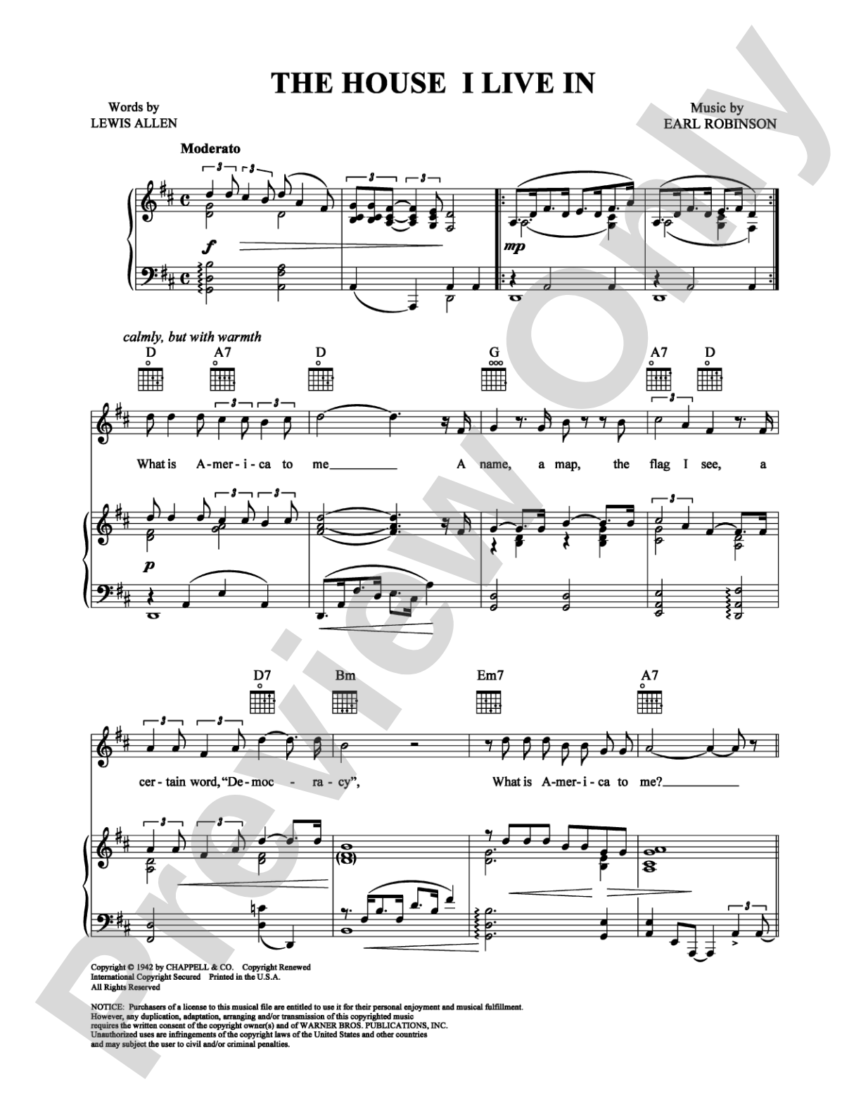 The House I Live In: Piano/Vocal/Chords Digital Sheet Music