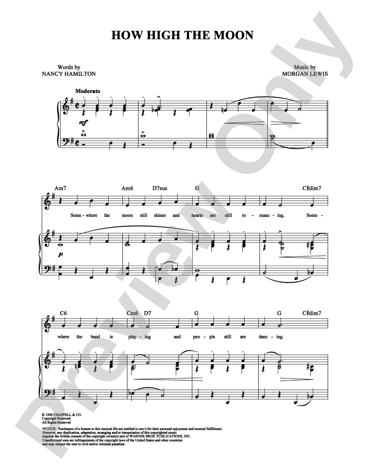 How High the Moon: Piano/Vocal/Chords Digital Sheet Music