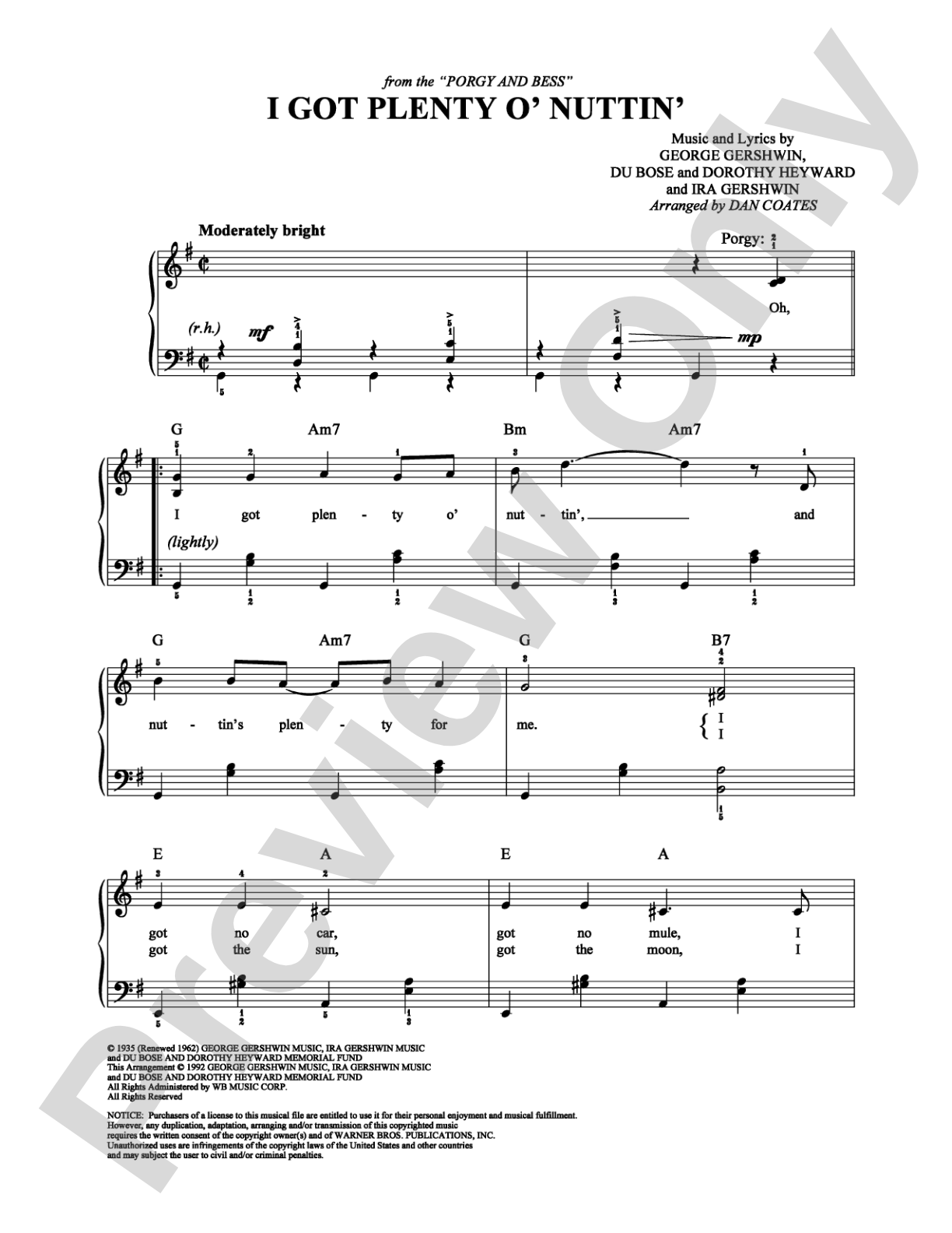 I Got Plenty o' Nuttin': Easy Piano Digital Sheet Music