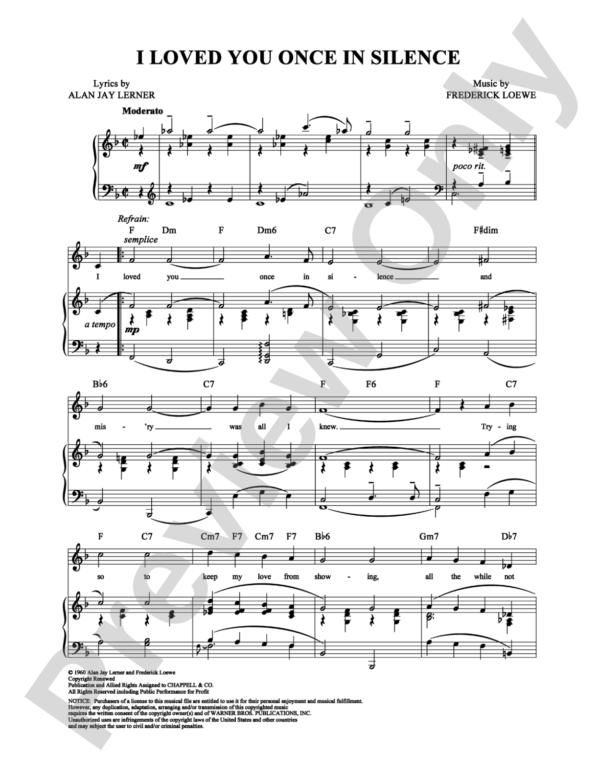 I Loved You Once in Silence: Piano/Vocal/Chords Digital Sheet Music