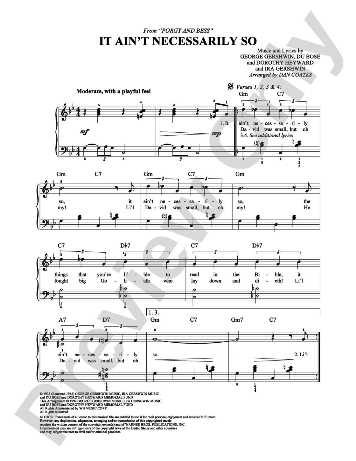 It Ain't Necessarily So: Easy Piano Digital Sheet Music