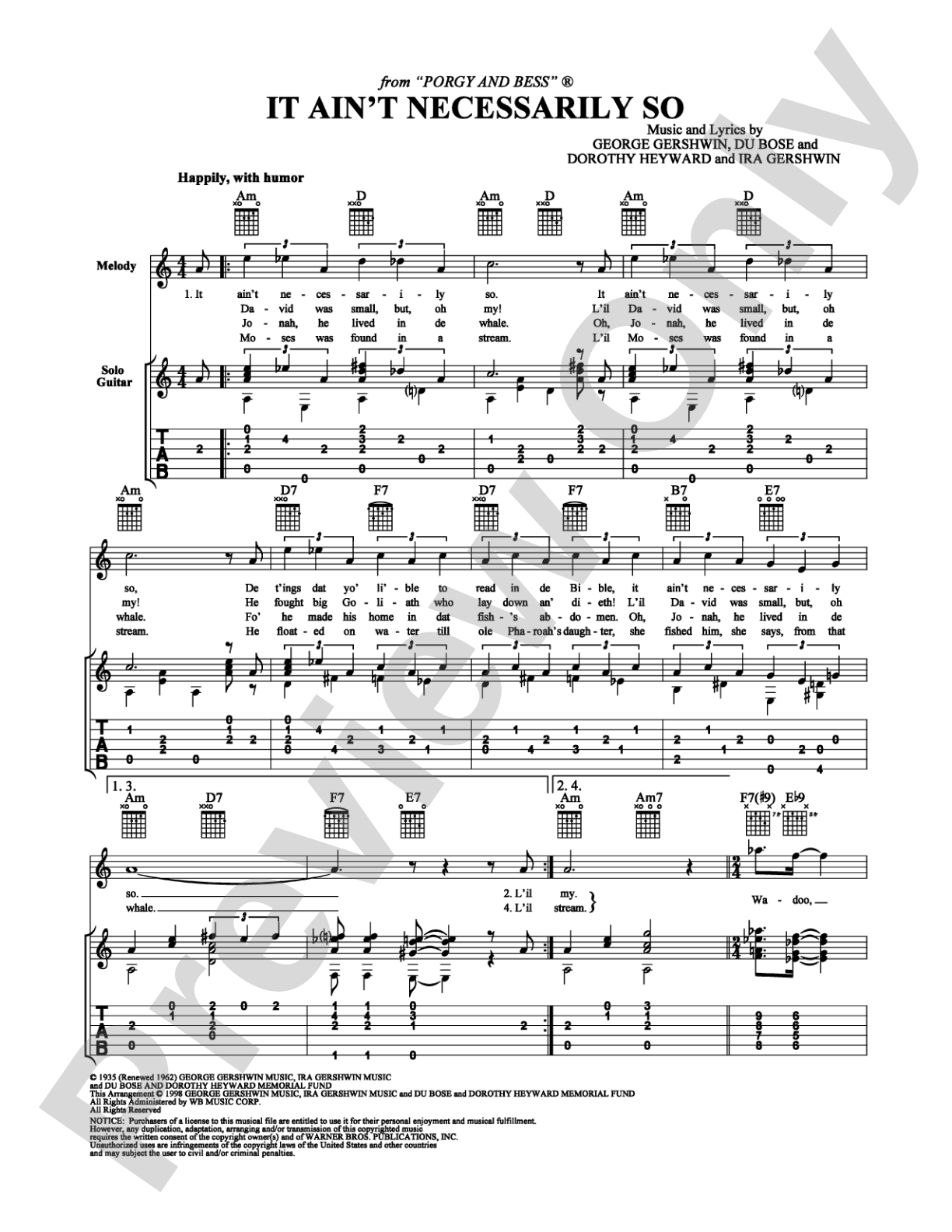 It Ain't Necessarily So: Guitar TAB Digital Sheet Music