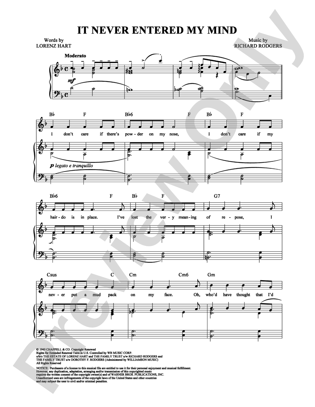 It Never Entered My Mind: Piano/Vocal/Chords Digital Sheet Music