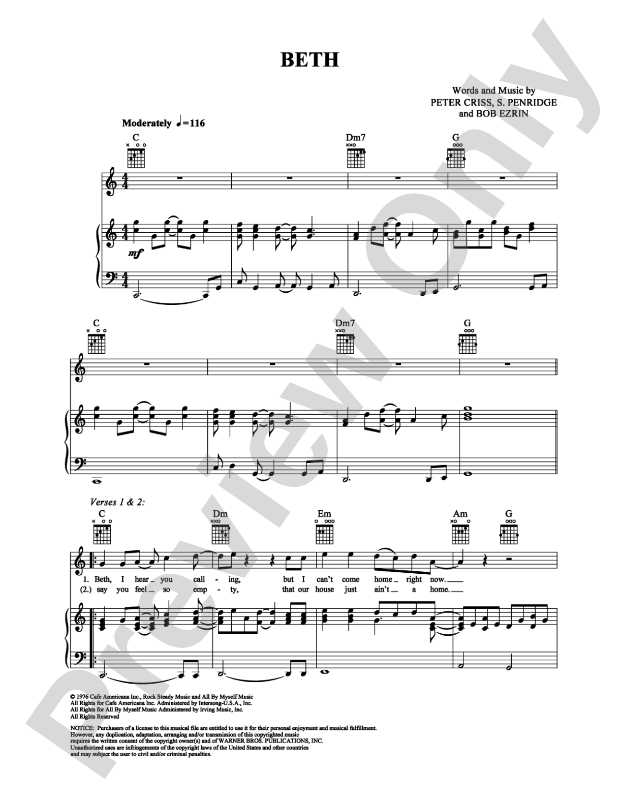 Beth: Piano/Vocal/Chords Digital Sheet Music