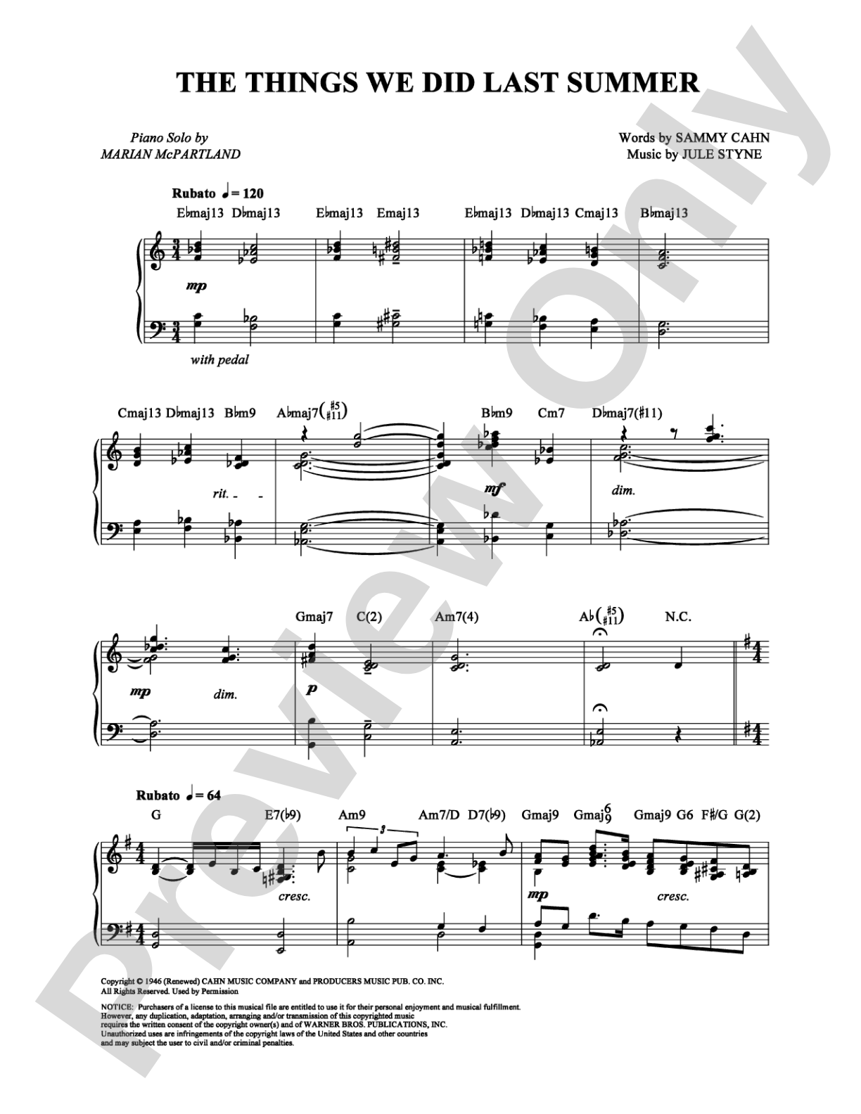 The Things We Did Last Summer: Piano Digital Sheet Music