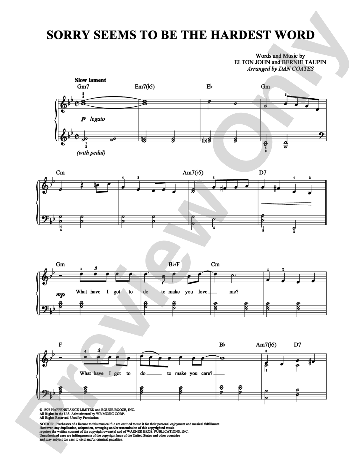 Sorry Seems to Be the Hardest Word: Easy Piano Digital Sheet Music
