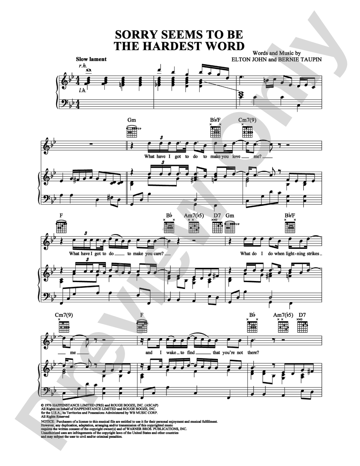 Sorry Seems to Be the Hardest Word: Piano/Vocal/Chords Digital Sheet Music