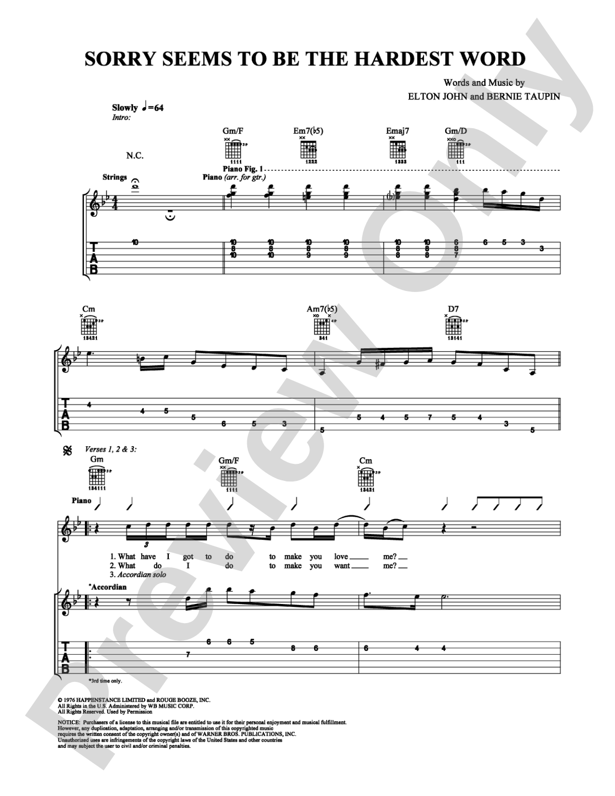Sorry Seems to Be the Hardest Word: Guitar TAB Digital Sheet Music