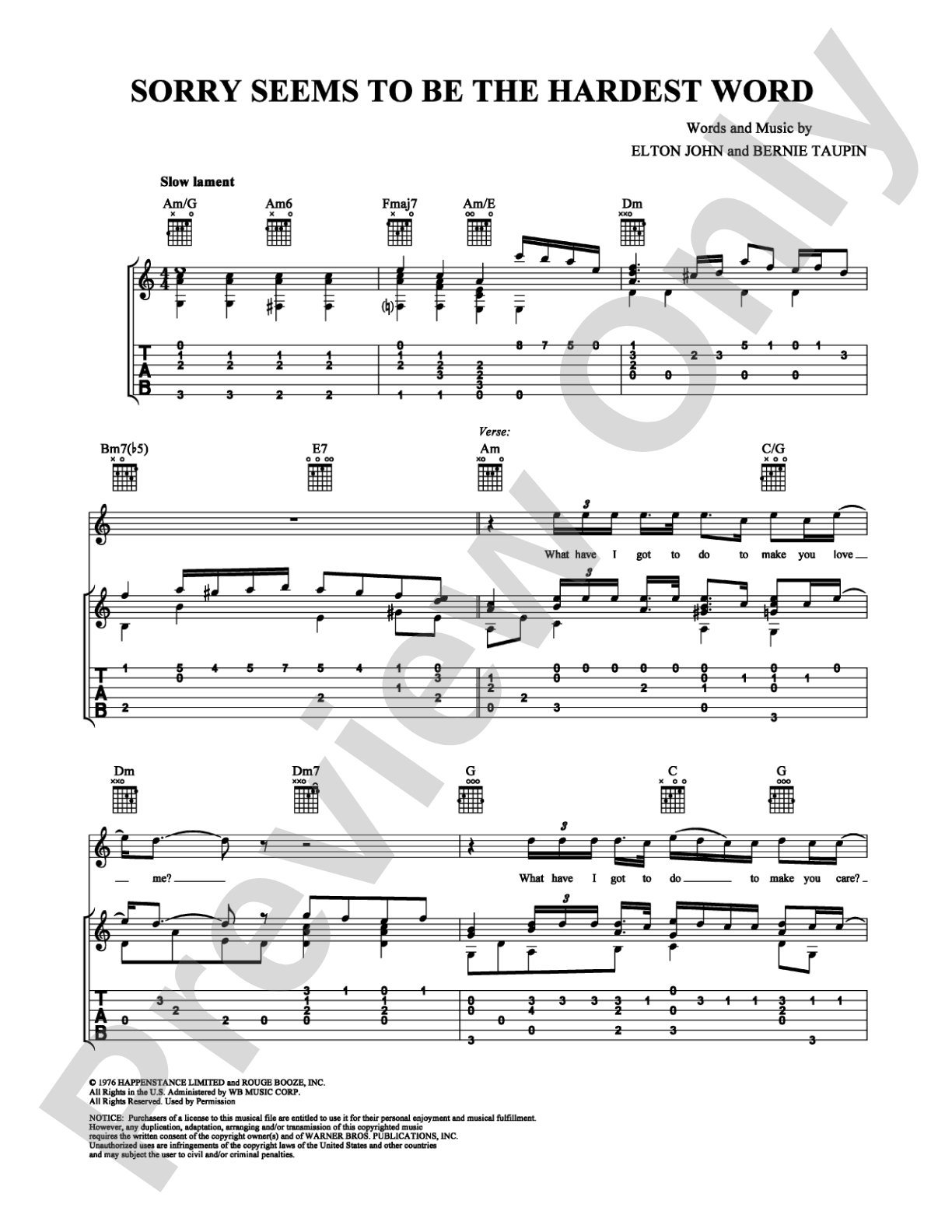 Sorry Seems to Be the Hardest Word: Guitar TAB Digital Sheet Music