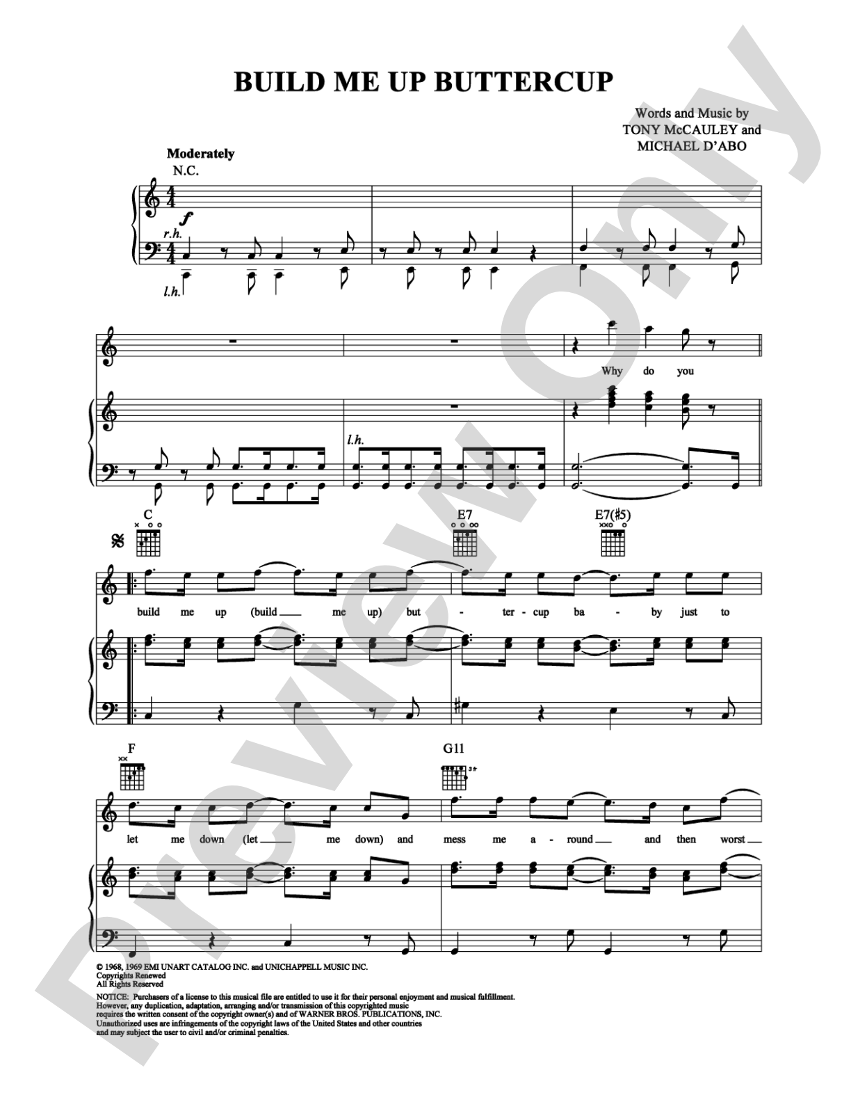 Build Me Up Buttercup: Piano/Vocal/Chords Digital Sheet Music