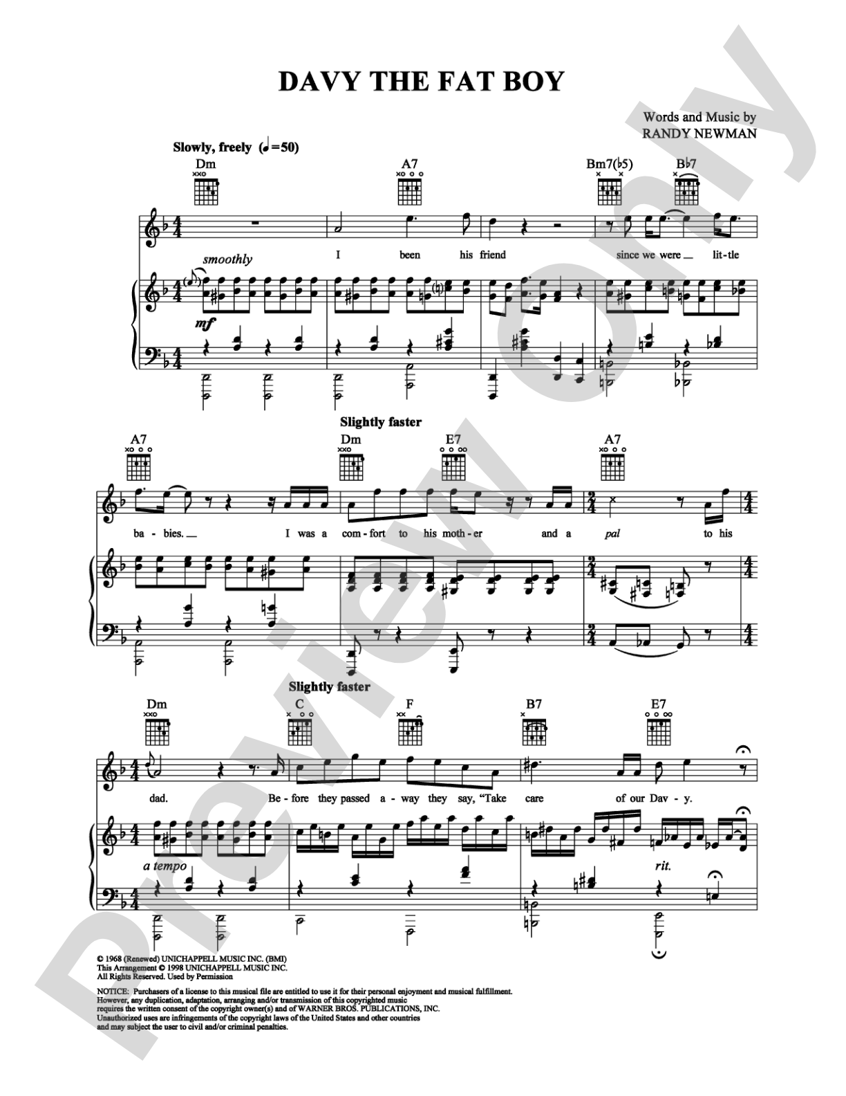 Davy the Fat Boy: Piano/Vocal/Chords Digital Sheet Music
