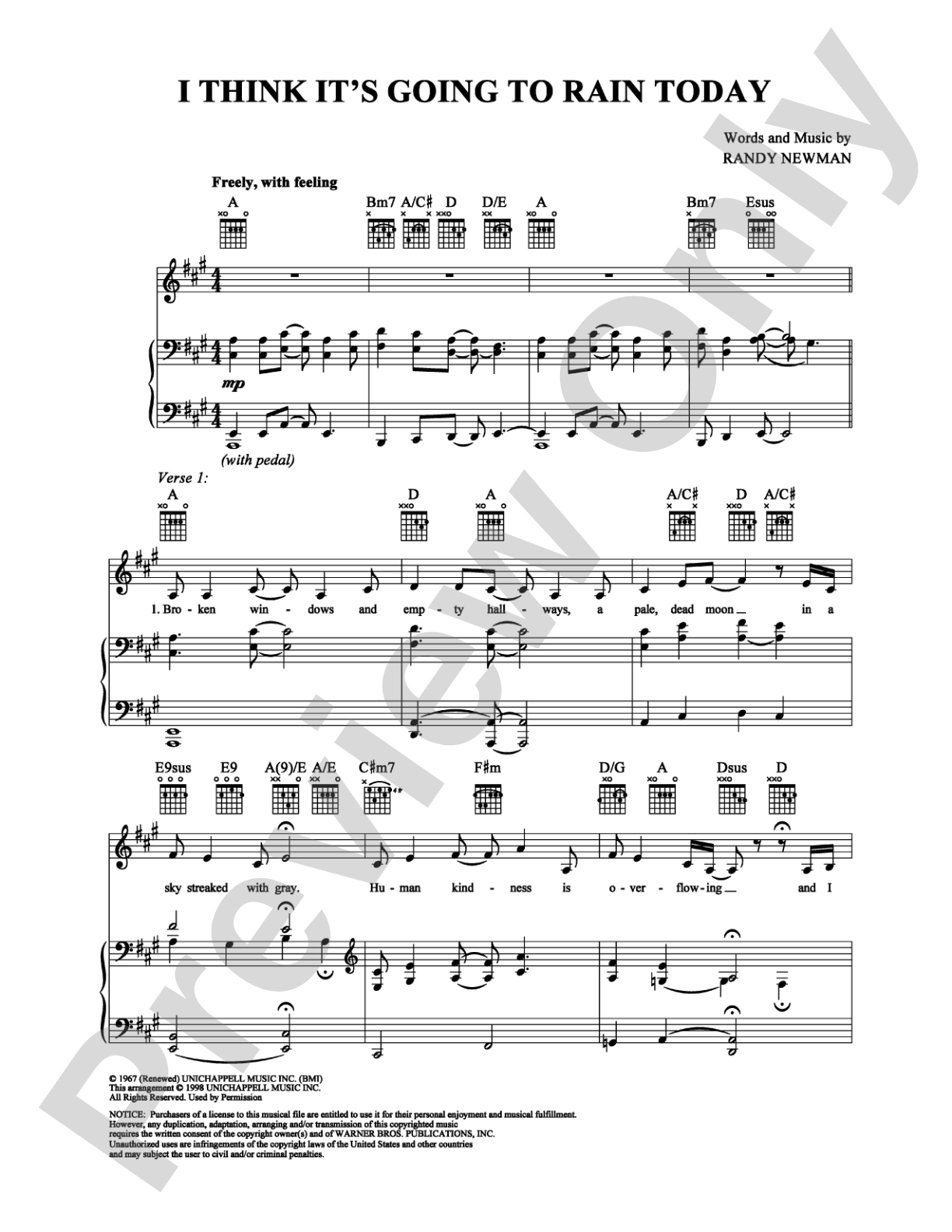 I Think It's Going to Rain Today: Piano/Vocal/Chords Digital Sheet Music