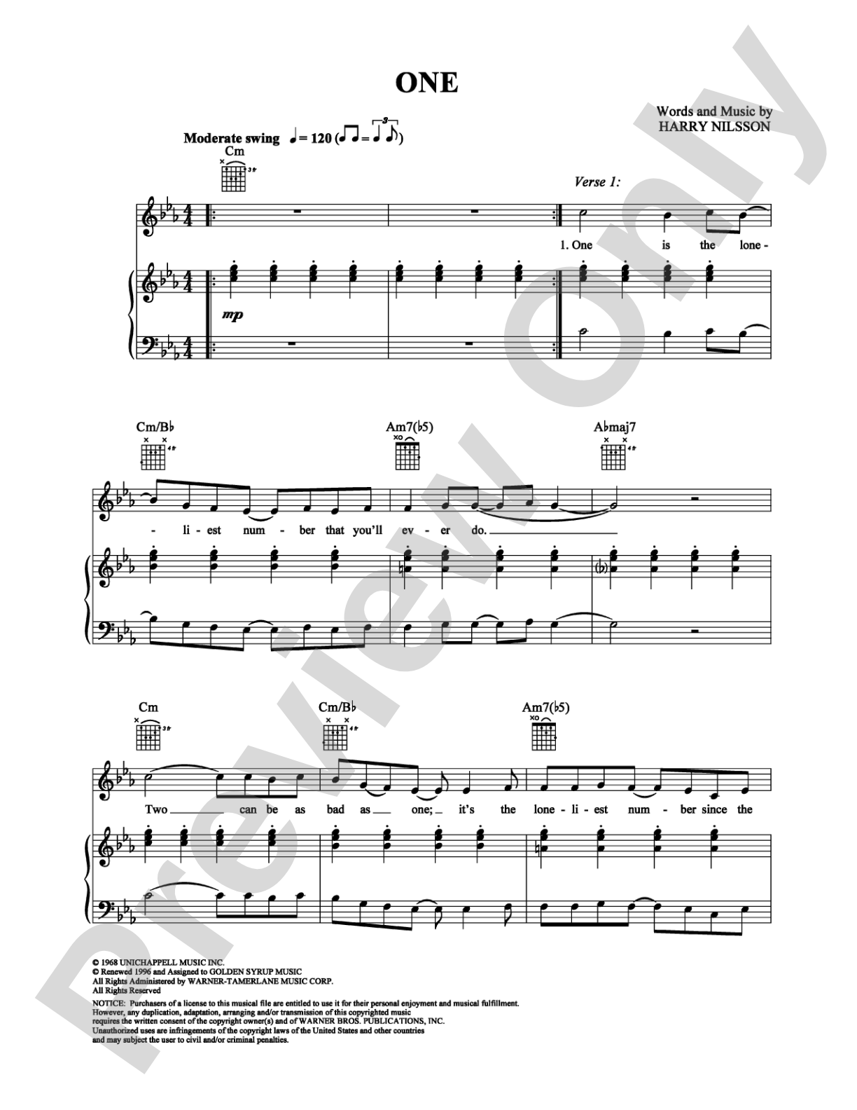 One: Piano/Vocal/Chords Digital Sheet Music