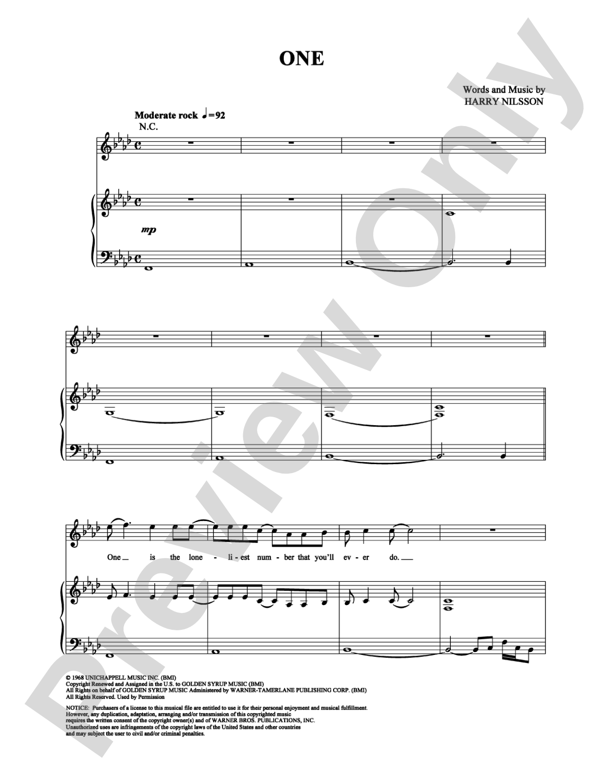 One: Piano/Vocal/Chords Digital Sheet Music