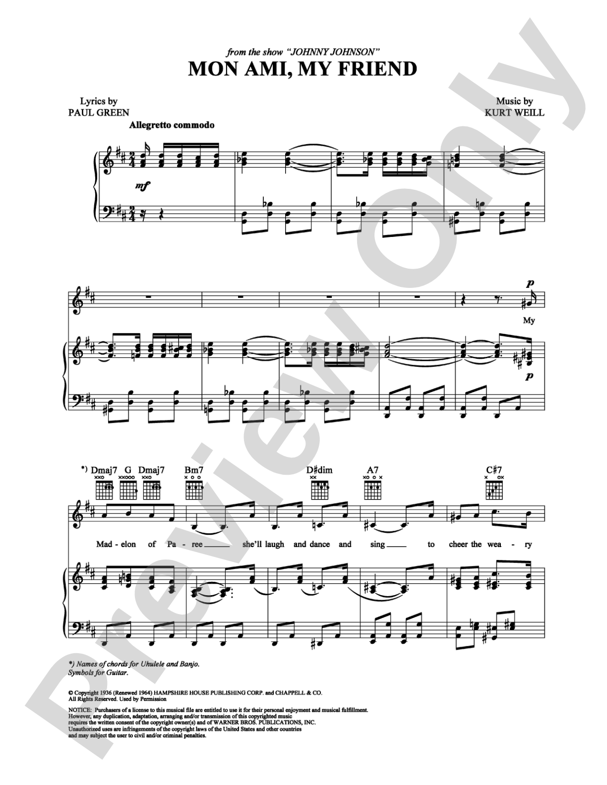 Mon Ami, My Friend: Piano/Vocal/Chords Digital Sheet Music