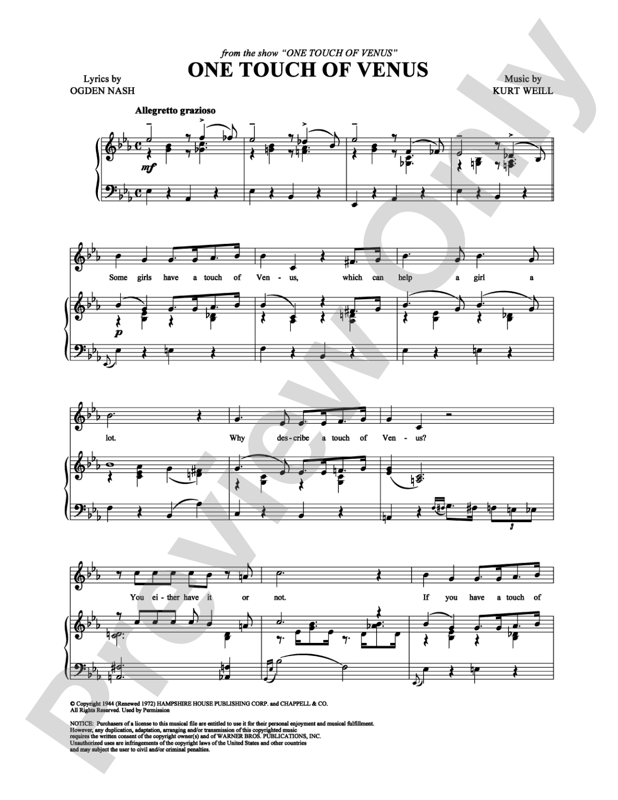One Touch of Venus: Piano/Vocal/Chords Digital Sheet Music