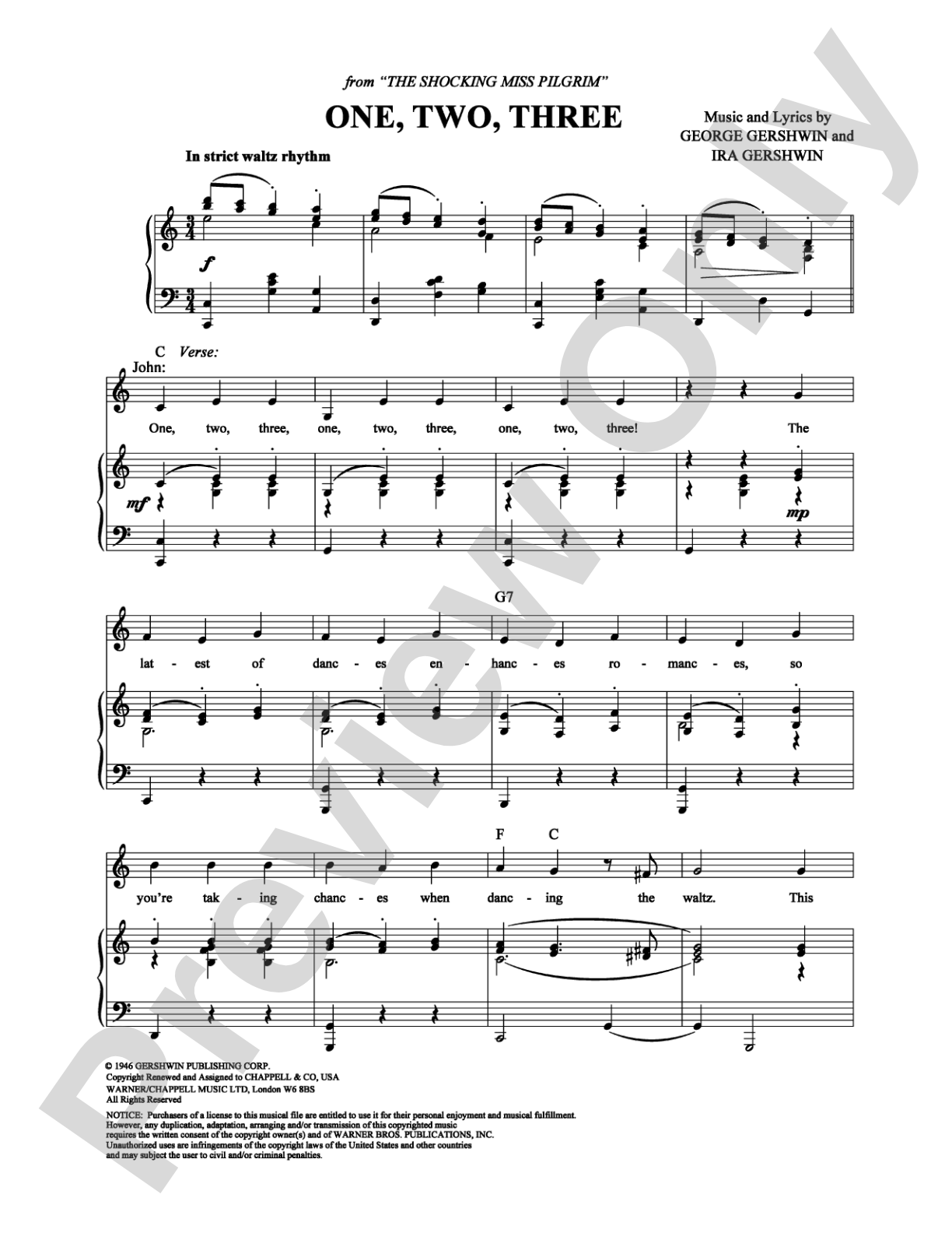 One, Two, Three: Piano/Vocal/Chords Digital Sheet Music