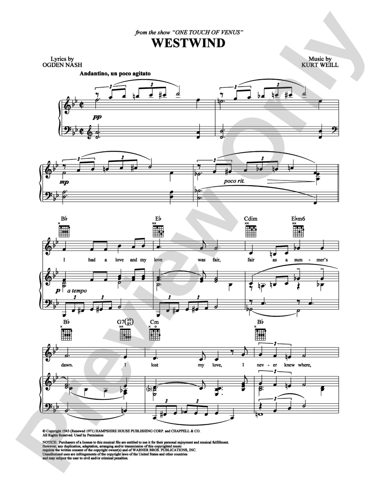 Westwind: Piano/Vocal/Chords Digital Sheet Music