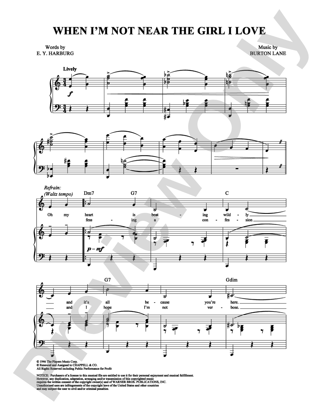 When I'm Not Near the Girl I Love: Piano/Vocal/Chords Digital Sheet Music