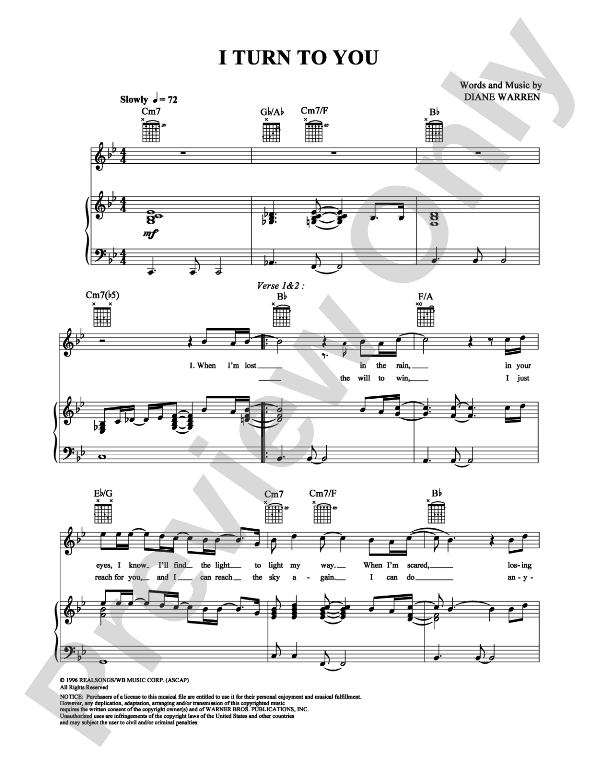 I Turn To You: Piano/Vocal/Chords Digital Sheet Music