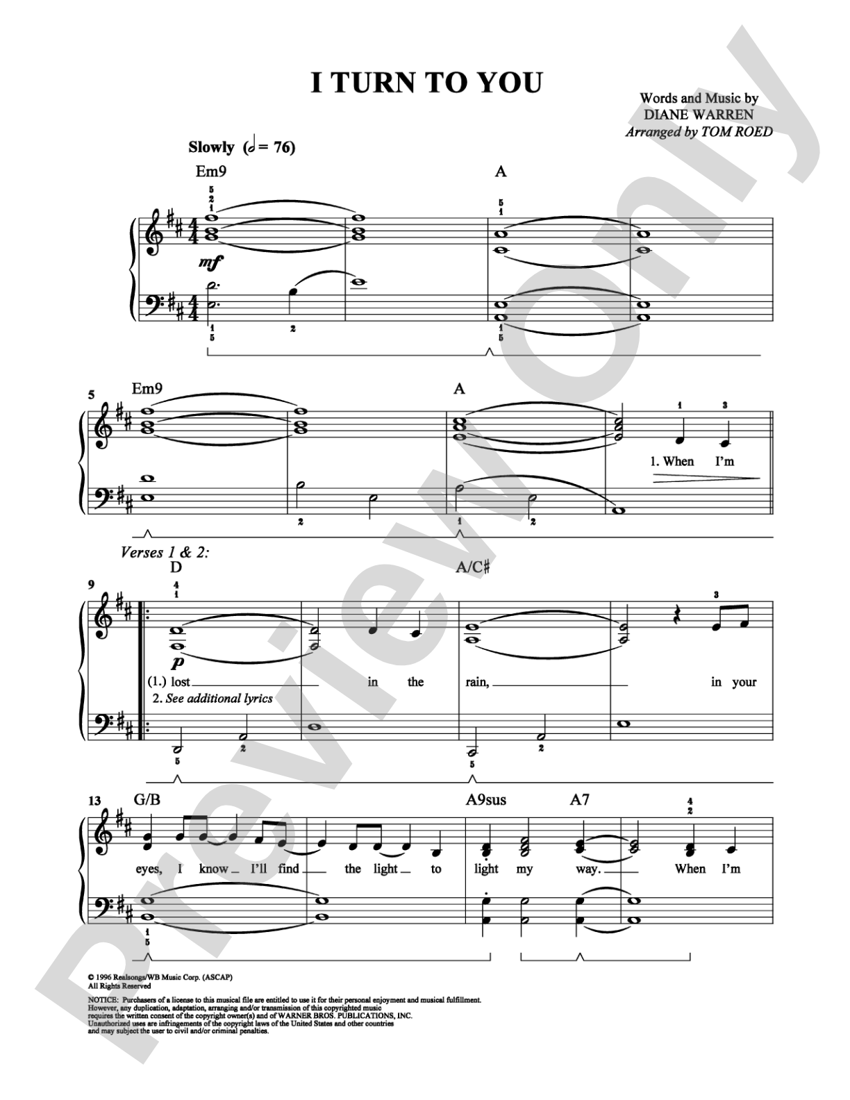 I Turn to You: Easy Piano Digital Sheet Music