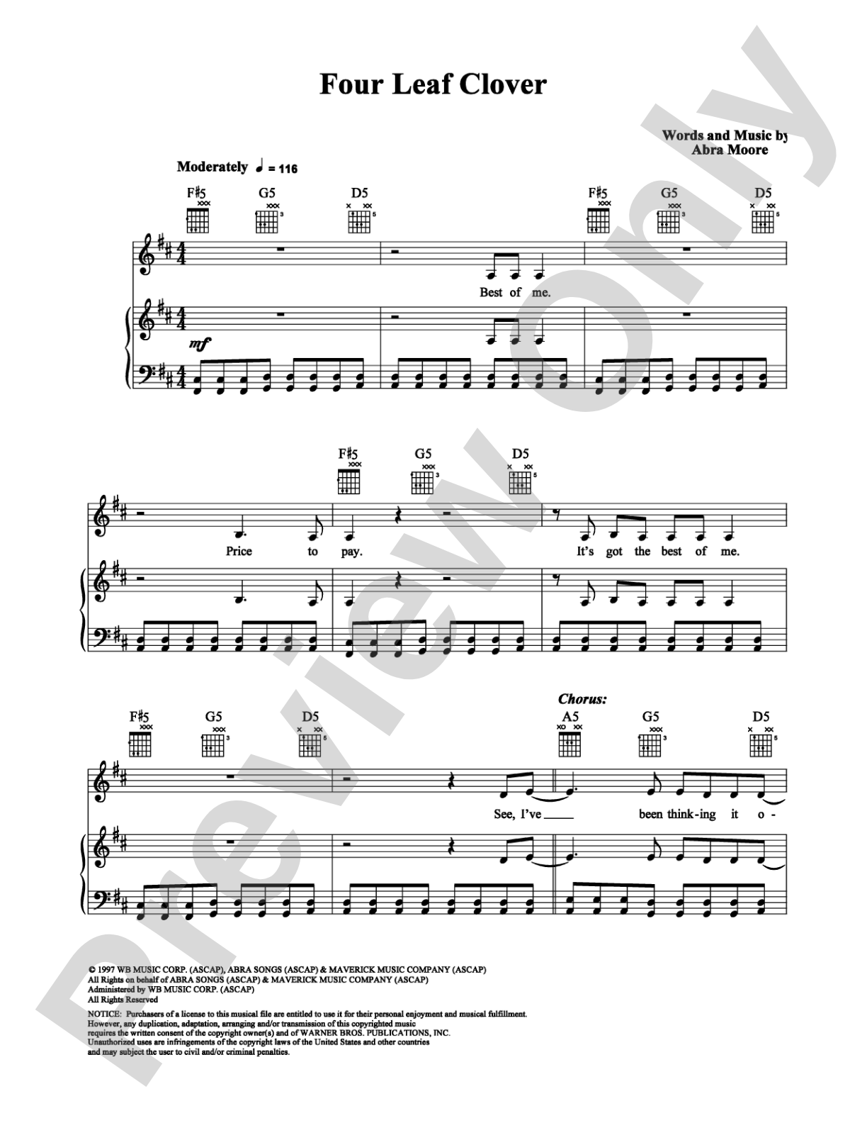 Four Leaf Clover: Piano/Vocal/Chords Digital Sheet Music
