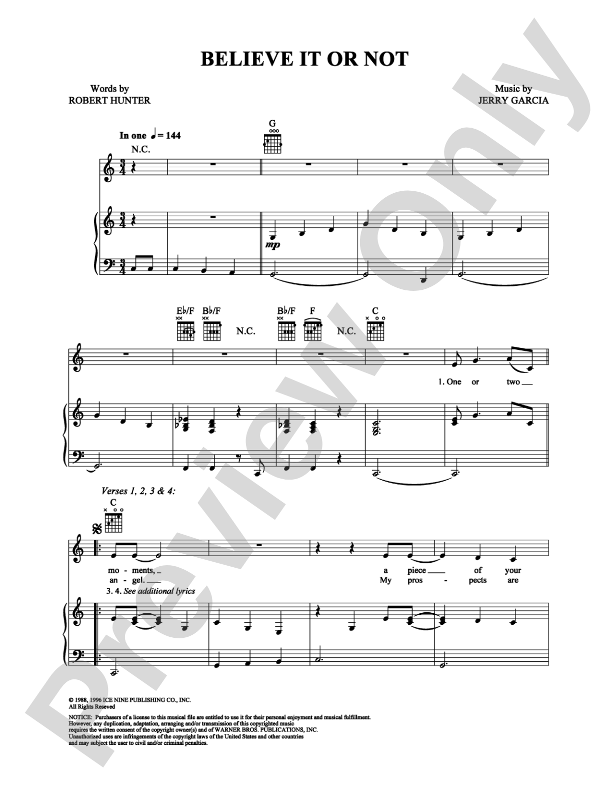 Believe It Or Not: Piano/Vocal/Chords Digital Sheet Music