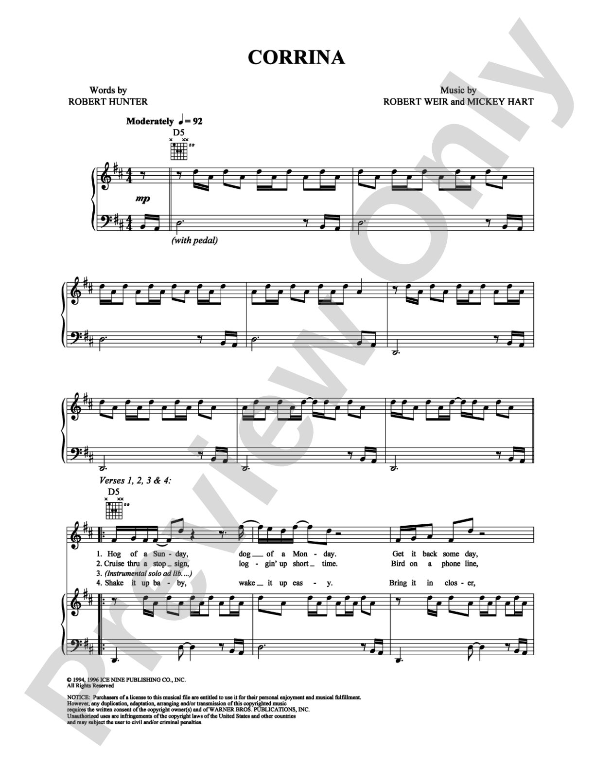 Corrina: Piano/Vocal/Chords Digital Sheet Music