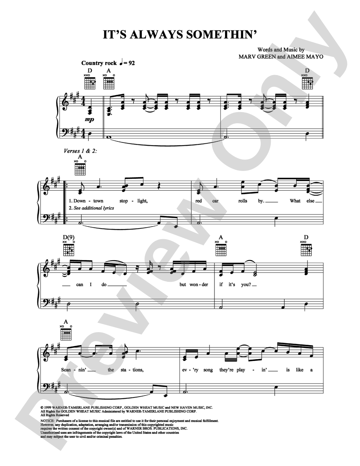 It's Always Somethin': Piano/Vocal/Chords Digital Sheet Music