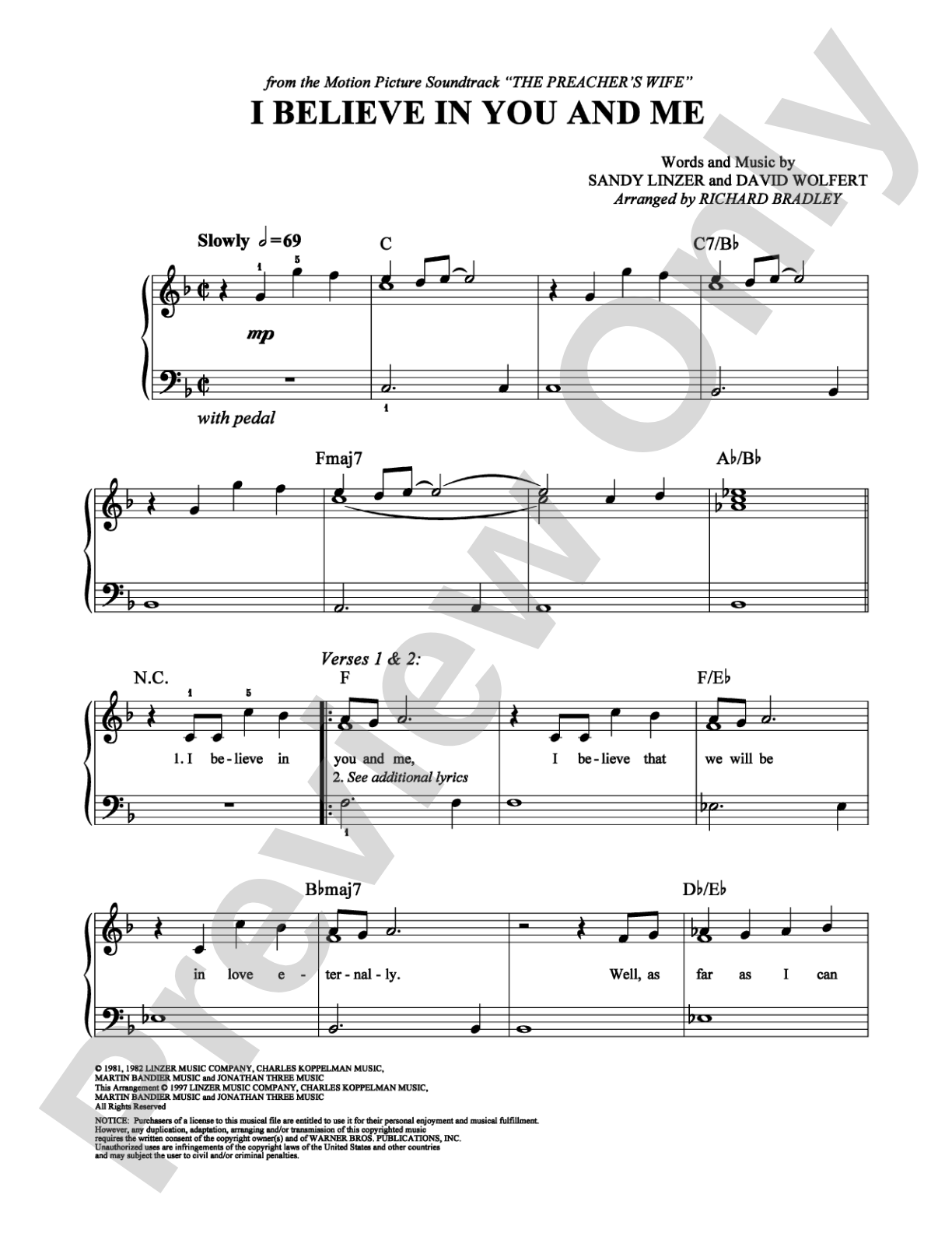 I Believe in You and Me: Easy Piano Digital Sheet Music