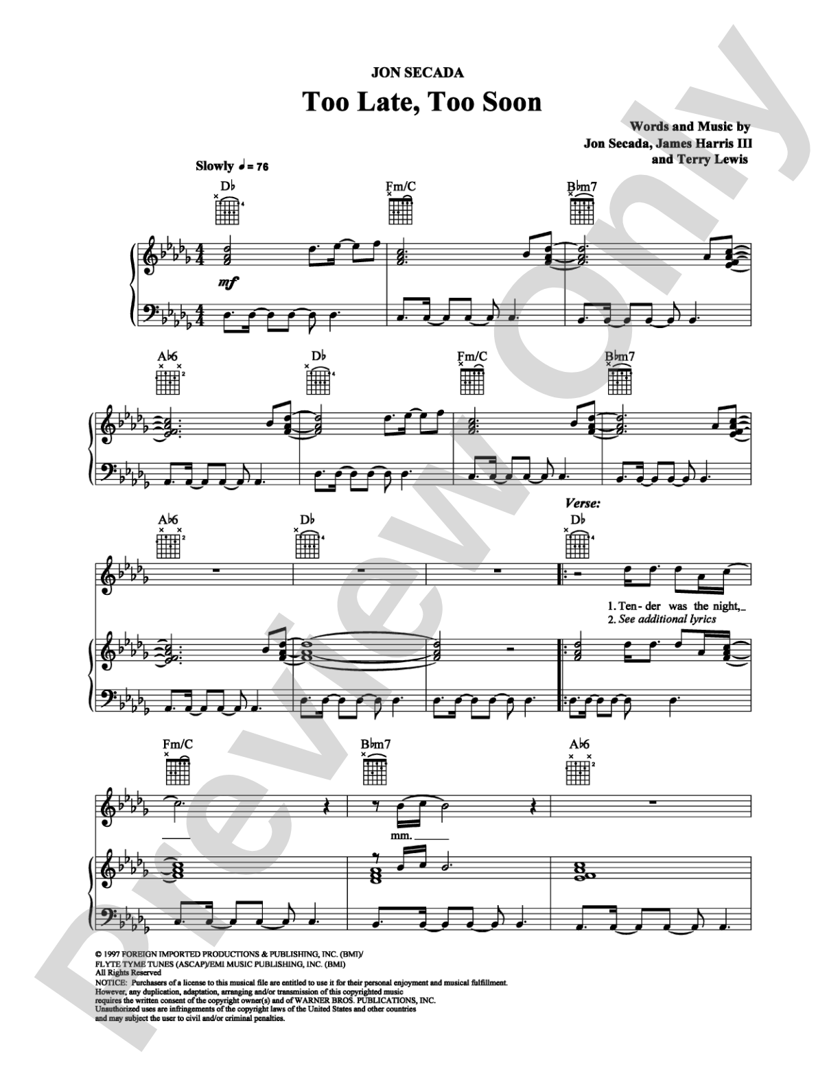 Too Late, Too Soon: Piano/Vocal/Chords Digital Sheet Music
