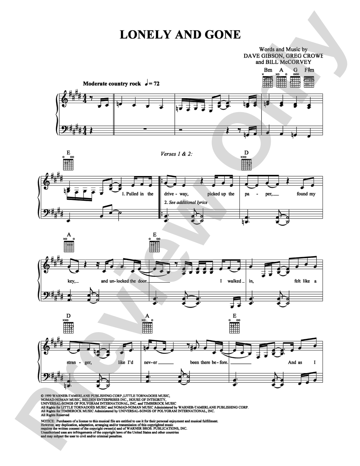 Lonely and Gone: Piano/Vocal/Chords Digital Sheet Music